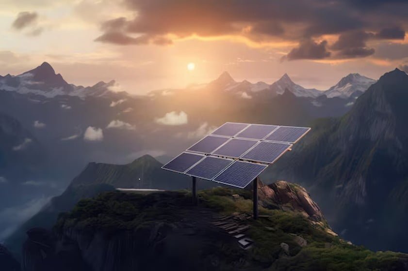 Painel solar no pico da montanha Aproveitamento da luz solar IA geradora
